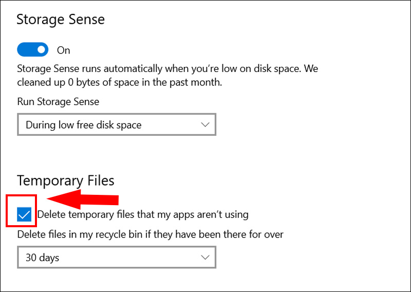 Tick vào mục Delete temporary files that my apps aren't using